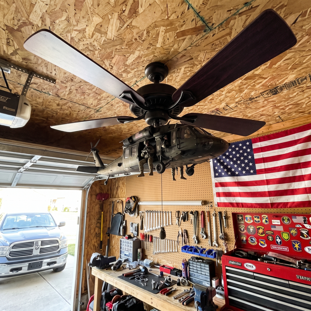 Helicopter fan attachment mounted on a garage ceiling fan